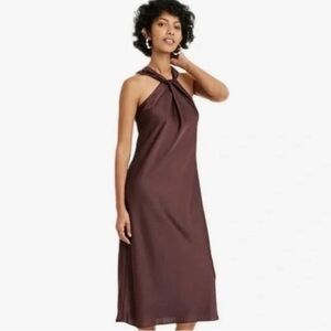 Brown satin halter neck dress